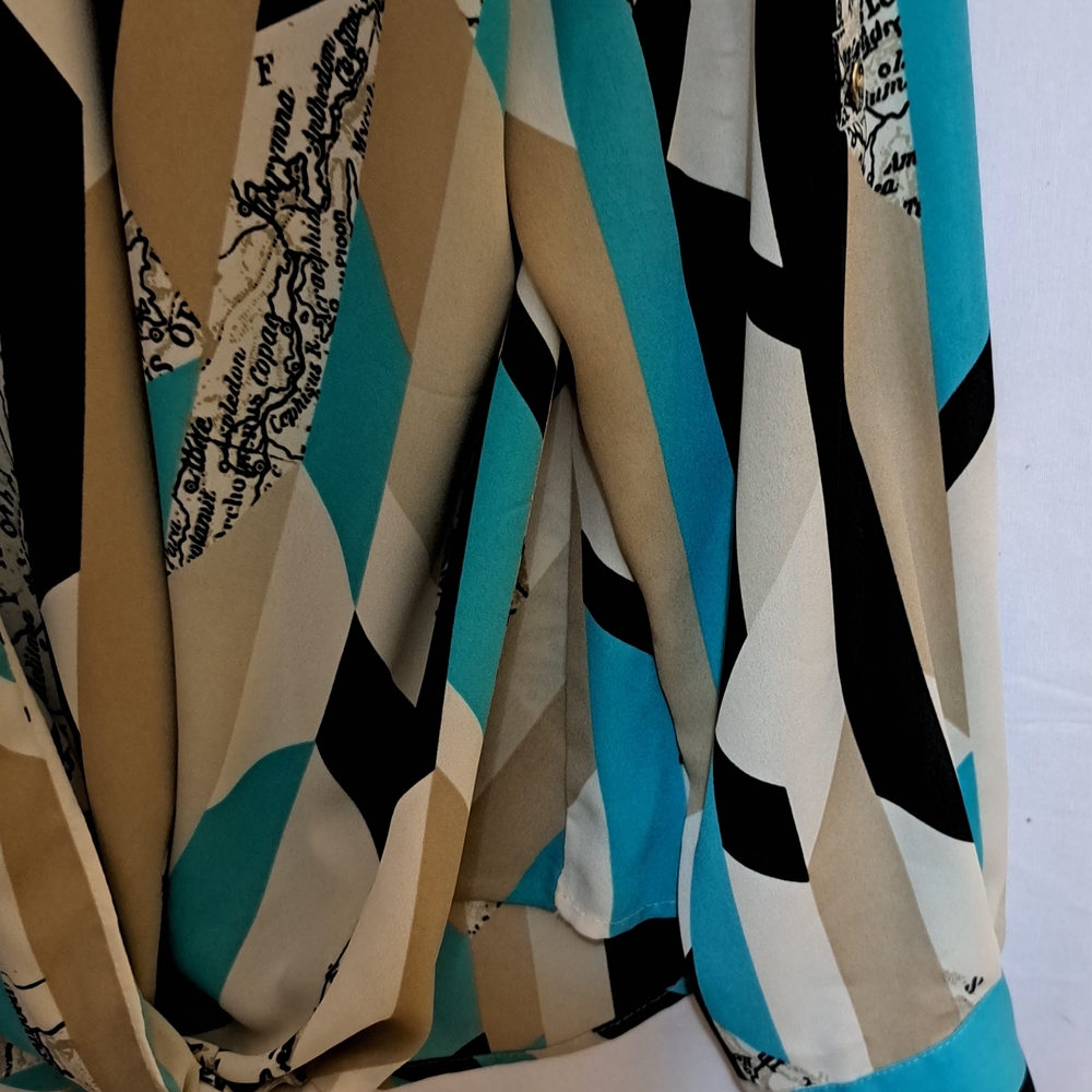 Alfani Womens Geometric Print Blouse Turquoise Black Tan Split Neck Top Sz 10 - Picture 6 of 7